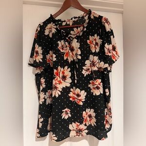 Maurices Black Floral Tie-Neck Blouse with Peach Accents